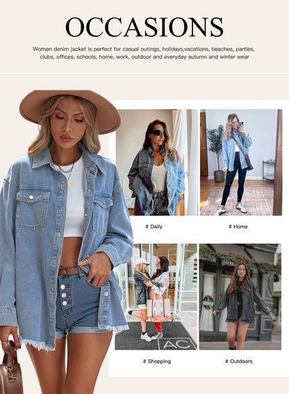 Denim Jacket for Women Long Sleeve Boyfriend Jean Jacket Loose Coat White XL Female