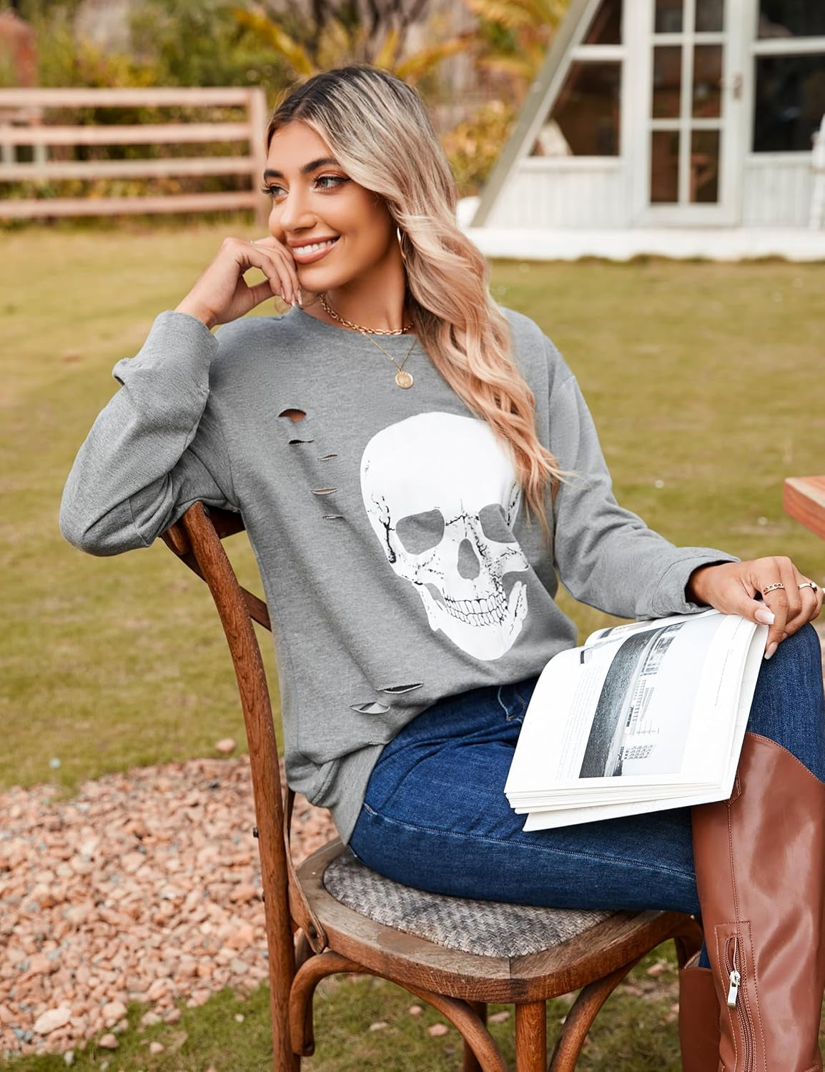 Women'S Halloween Sweatshirts Skull Graphic T Shirts Long Sleeve Pullover Tops Gothic Fall Clothes 2026