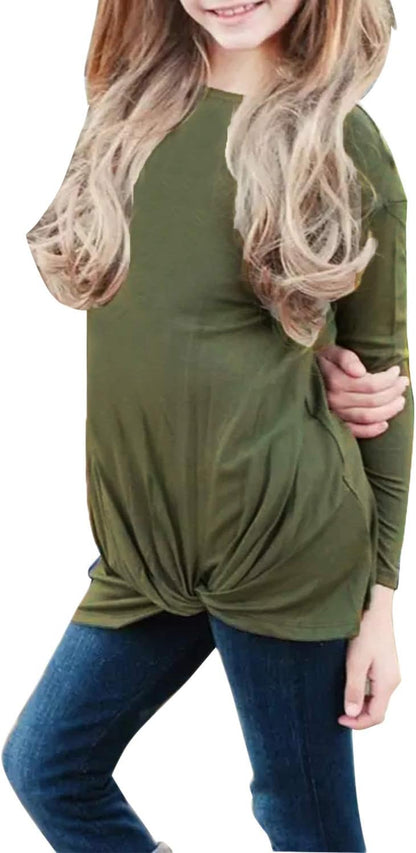 Girls Casual Tunic Tops Knot Front Long Sleeve Loose Soft Blouse T-Shirt Size 4-13